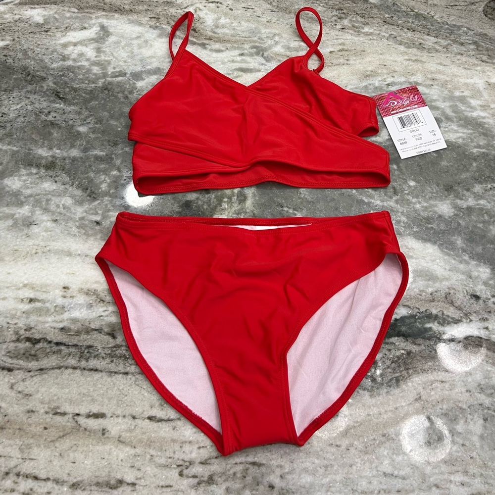 Girl’s (youth) size 16 red bikini/two-piece bathing suit w/tags